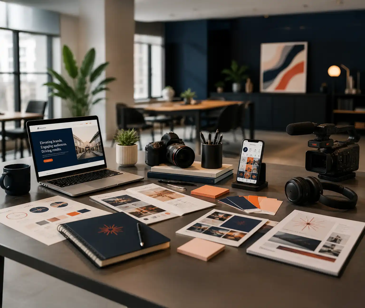 Laptop, papers, and other design elements on a desk during a project
