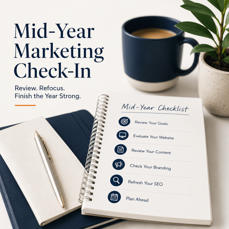 Mid Year Checklist image with coffee cup, pen, and notebook
