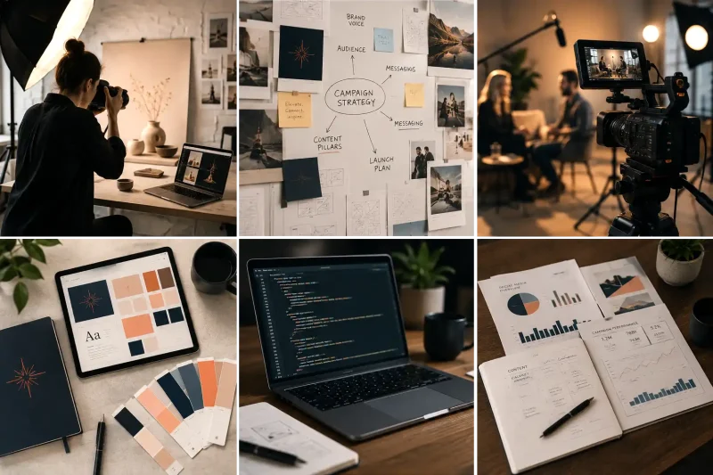 Collage of images reflecting photography, web design, brand marketing