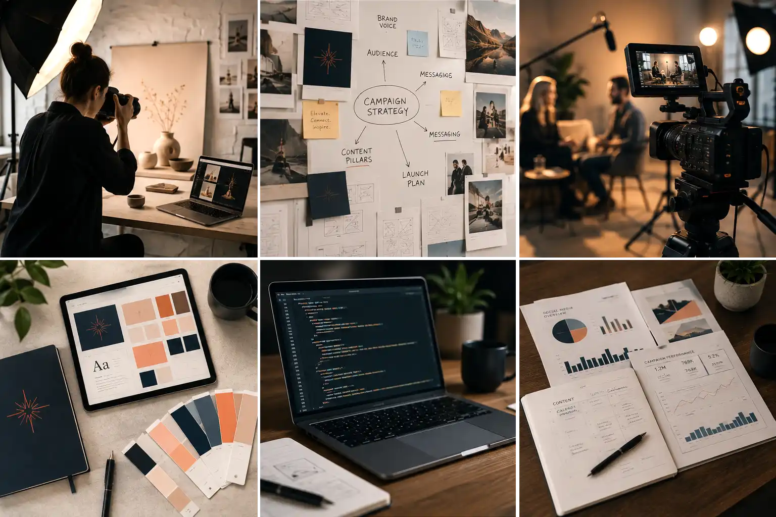 Collage of images reflecting photography, web design, brand marketing